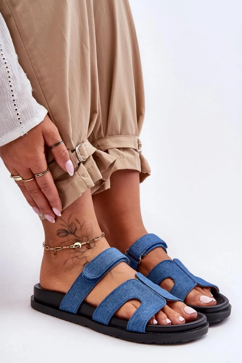 Klapki Na Platformie|Klapki Damskie Klasyczne>Boto Materiałowe Damskie Klapki Na Rzep Ciemnoniebieskie Jose