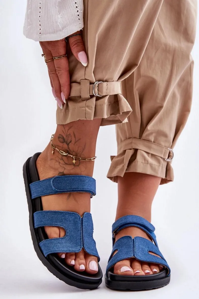 Klapki Na Platformie|Klapki Damskie Klasyczne>Boto Materiałowe Damskie Klapki Na Rzep Ciemnoniebieskie Jose