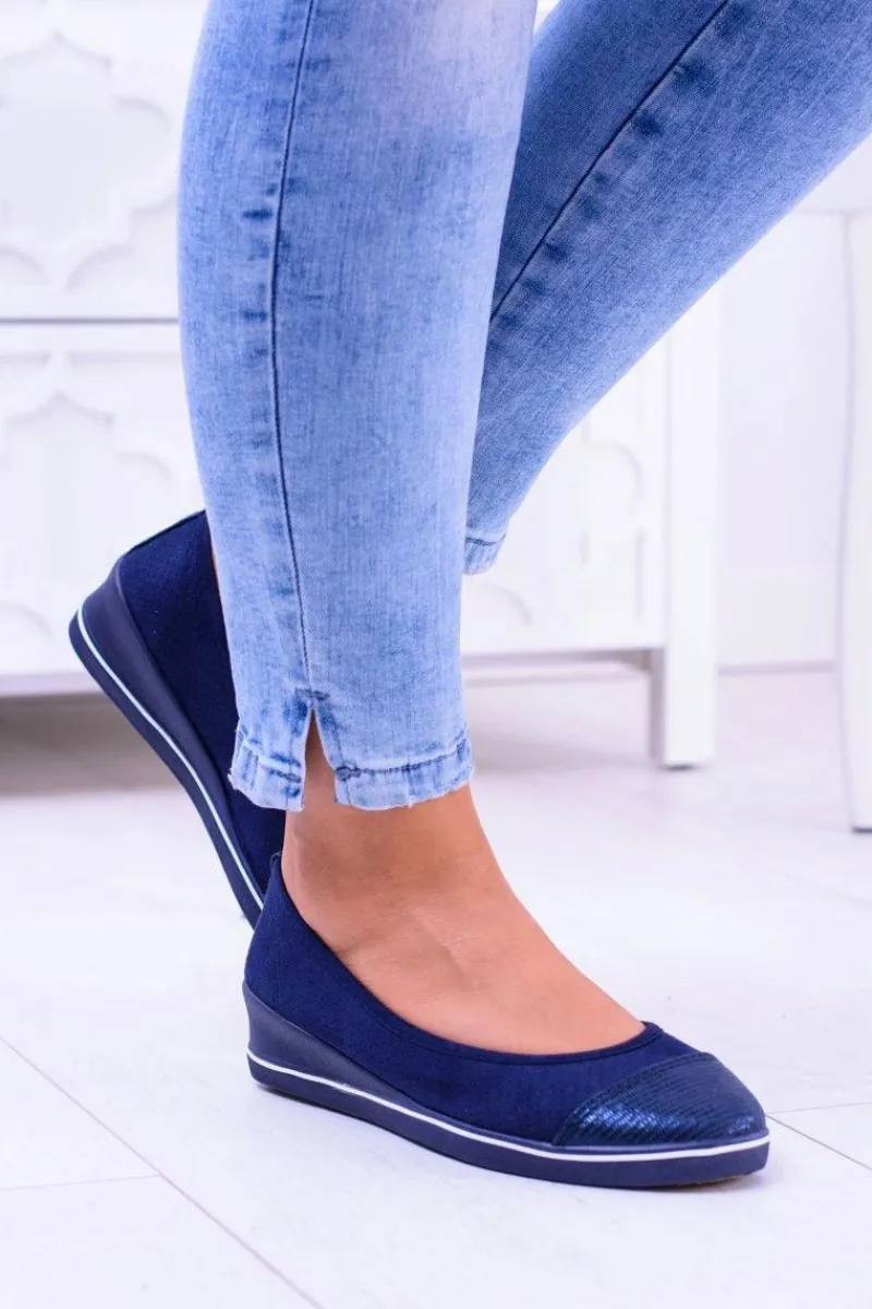 Clearance Boto Materiałowe Granatowe Baleriny Na Koturnie Elleni