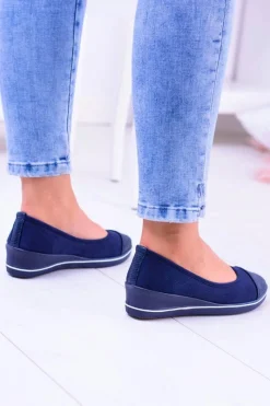Clearance Boto Materiałowe Granatowe Baleriny Na Koturnie Elleni