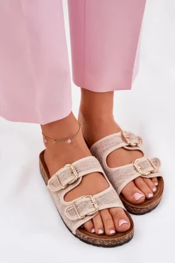 Best Boto Materiałowe Klapki Damskie Na Korkowej Platformie Z Klamrami Beżowe Osoffe Beżowy