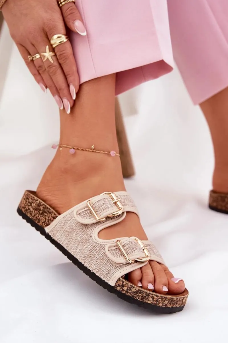 Best Boto Materiałowe Klapki Damskie Na Korkowej Platformie Z Klamrami Beżowe Osoffe Beżowy