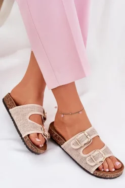 Best Boto Materiałowe Klapki Damskie Na Korkowej Platformie Z Klamrami Beżowe Osoffe Beżowy