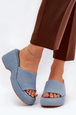 Boto Materiałowe Klapki Damskie Na Platformie I Koturnie Jeansowe Afisal Niebieski