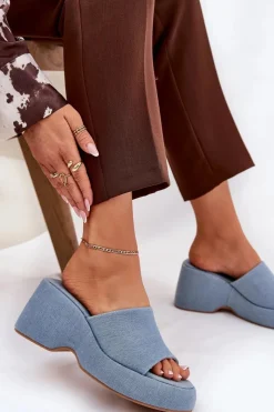 Boto Materiałowe Klapki Damskie Na Platformie I Koturnie Jeansowe Afisal Niebieski