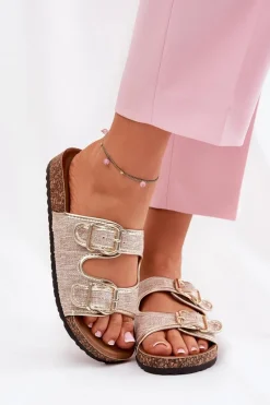 Boto Materiałowe Klapki Damskie Na Korkowej Platformie Z Klamrami Złote Osoffe Złoty