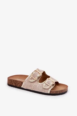 Boto Materiałowe Klapki Damskie Na Korkowej Platformie Z Klamrami Złote Osoffe Złoty