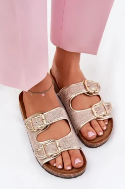 Boto Materiałowe Klapki Damskie Na Korkowej Platformie Z Klamrami Złote Osoffe Złoty