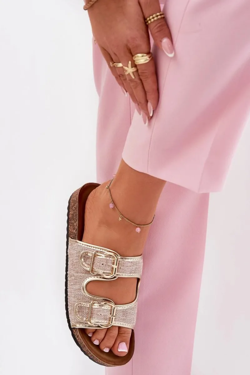 Boto Materiałowe Klapki Damskie Na Korkowej Platformie Z Klamrami Złote Osoffe Złoty