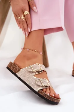 Boto Materiałowe Klapki Damskie Na Korkowej Platformie Z Klamrami Złote Osoffe Złoty