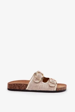 Boto Materiałowe Klapki Damskie Na Korkowej Platformie Z Klamrami Złote Osoffe Złoty