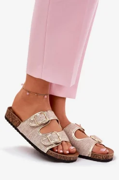 Boto Materiałowe Klapki Damskie Na Korkowej Platformie Z Klamrami Złote Osoffe Złoty