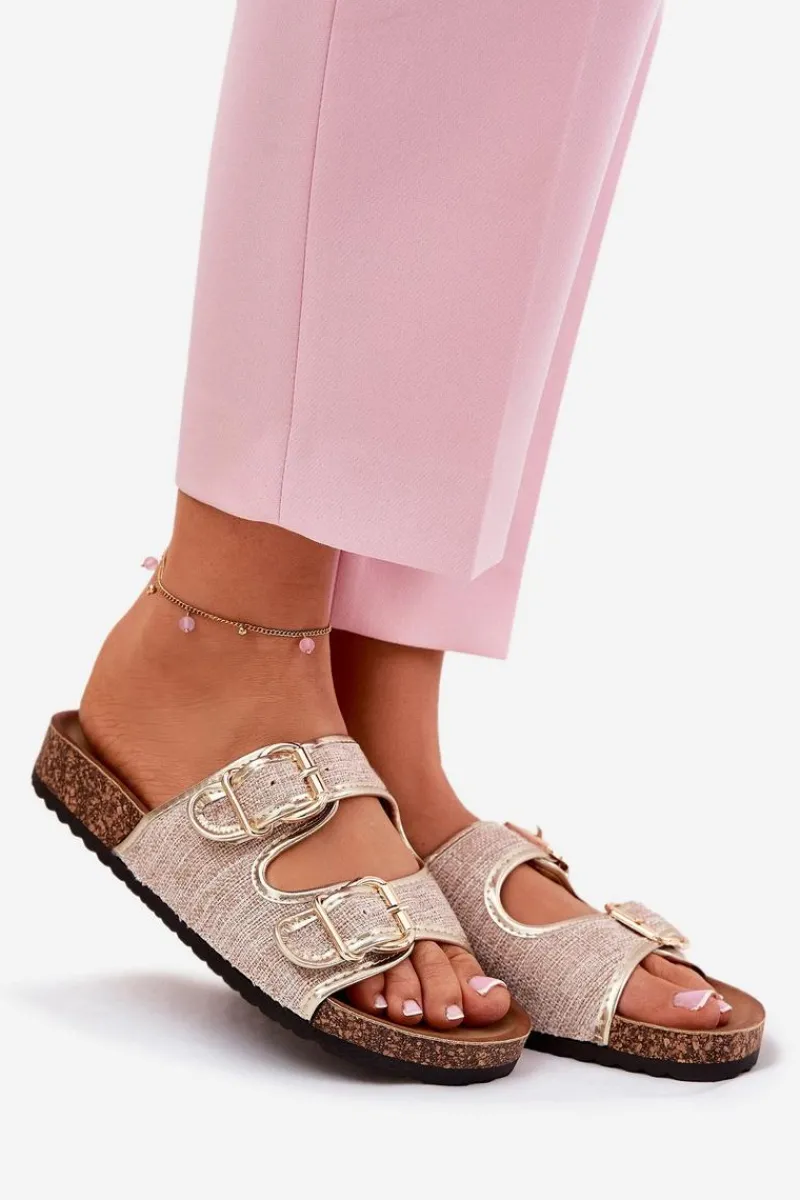 Boto Materiałowe Klapki Damskie Na Korkowej Platformie Z Klamrami Złote Osoffe Złoty