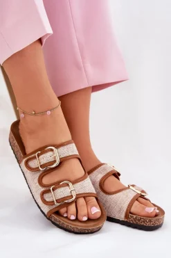 Klapki Korkowe|Klapki Na Platformie>Boto Materiałowe Klapki Damskie Na Korkowej Platformie Z Klamrami Camel Osoffe Brązowy