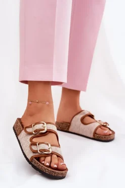 Klapki Korkowe|Klapki Na Platformie>Boto Materiałowe Klapki Damskie Na Korkowej Platformie Z Klamrami Camel Osoffe Brązowy