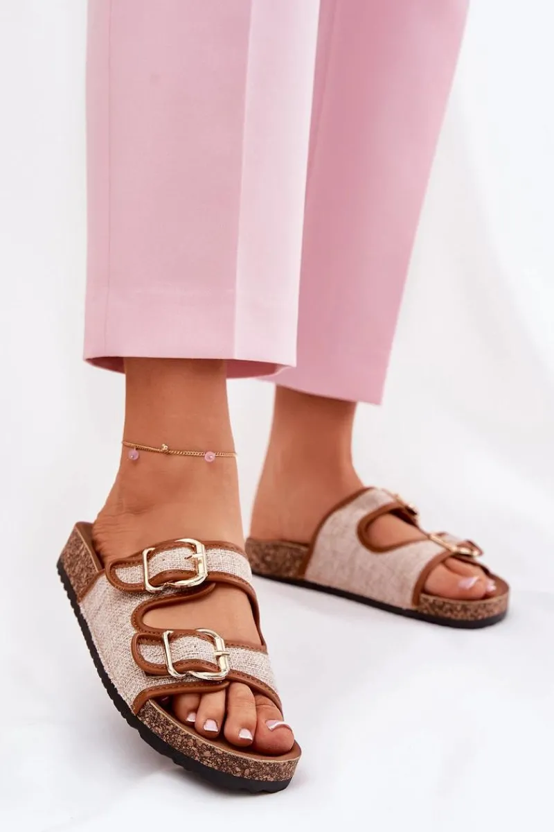 Klapki Korkowe|Klapki Na Platformie>Boto Materiałowe Klapki Damskie Na Korkowej Platformie Z Klamrami Camel Osoffe Brązowy