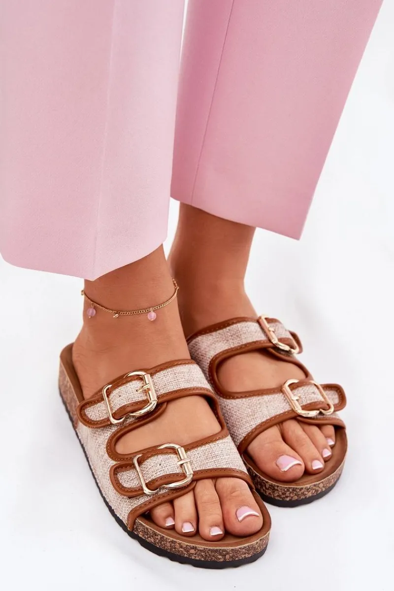 Klapki Korkowe|Klapki Na Platformie>Boto Materiałowe Klapki Damskie Na Korkowej Platformie Z Klamrami Camel Osoffe Brązowy