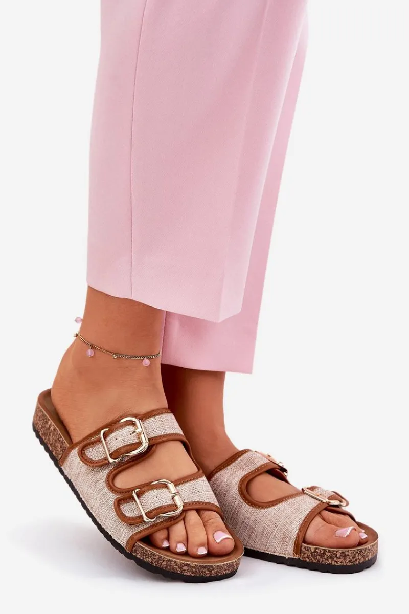 Klapki Korkowe|Klapki Na Platformie>Boto Materiałowe Klapki Damskie Na Korkowej Platformie Z Klamrami Camel Osoffe Brązowy