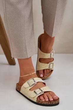 Materiałowe Klapki Na Korkowej Podeszwie Z Klamrami Żółte Atera Damskie Klapki Korkowe|Klapki Na Platformie