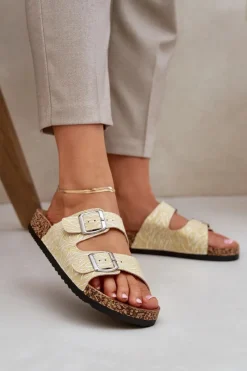 Materiałowe Klapki Na Korkowej Podeszwie Z Klamrami Żółte Atera Damskie Klapki Korkowe|Klapki Na Platformie