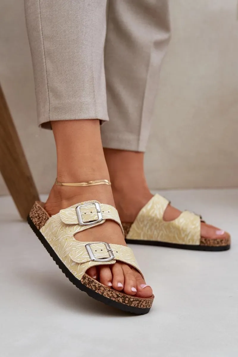 Materiałowe Klapki Na Korkowej Podeszwie Z Klamrami Żółte Atera Damskie Klapki Korkowe|Klapki Na Platformie
