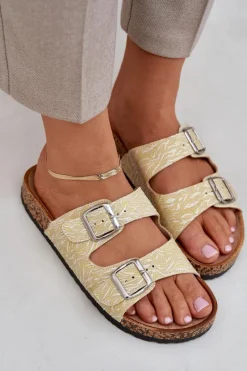 Materiałowe Klapki Na Korkowej Podeszwie Z Klamrami Żółte Atera Damskie Klapki Korkowe|Klapki Na Platformie