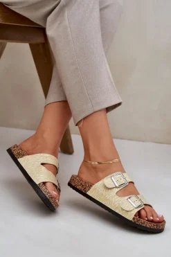 Materiałowe Klapki Na Korkowej Podeszwie Z Klamrami Żółte Atera Damskie Klapki Korkowe|Klapki Na Platformie