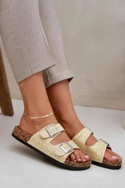 Materiałowe Klapki Na Korkowej Podeszwie Z Klamrami Żółte Atera Damskie Klapki Korkowe|Klapki Na Platformie