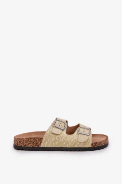 Materiałowe Klapki Na Korkowej Podeszwie Z Klamrami Żółte Atera Damskie Klapki Korkowe|Klapki Na Platformie