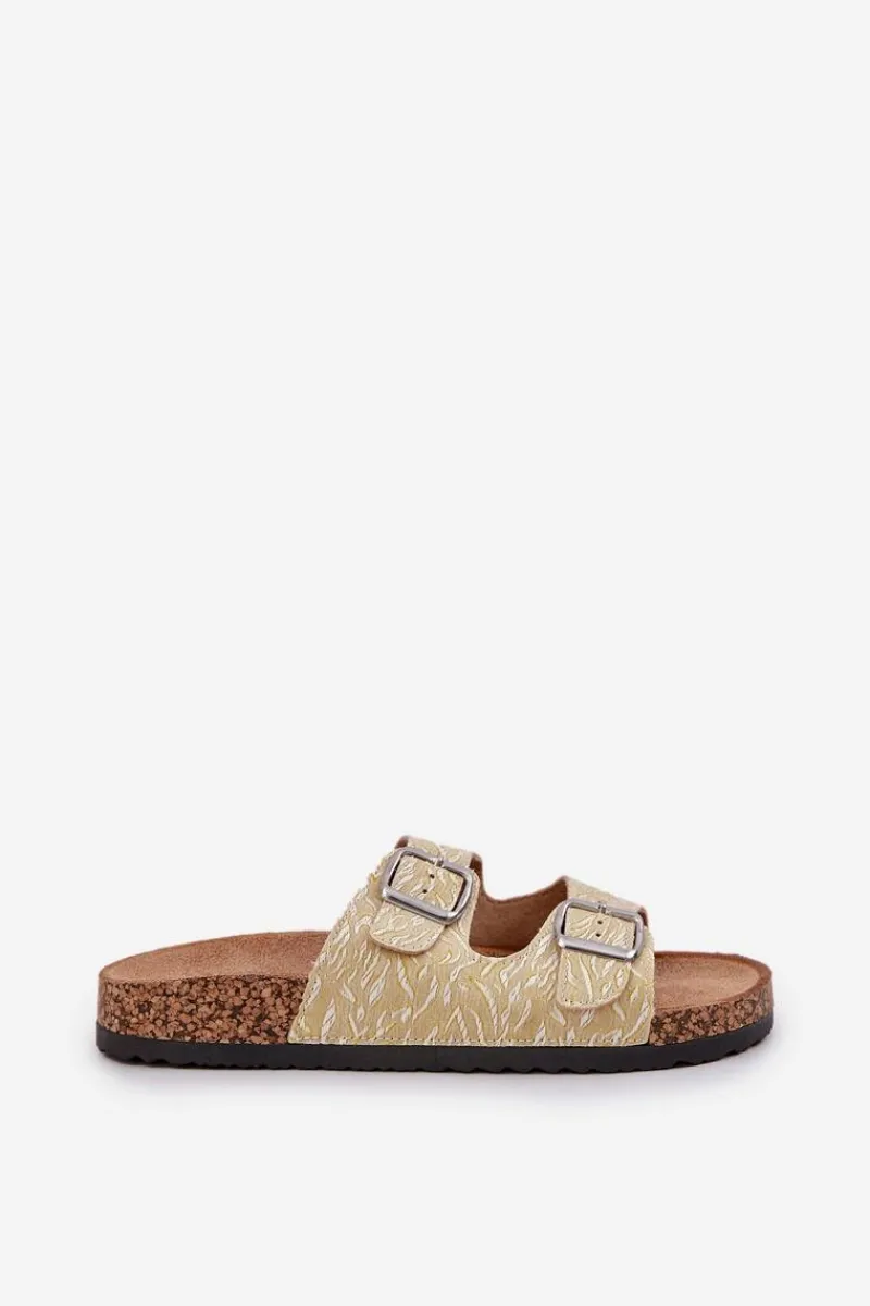 Materiałowe Klapki Na Korkowej Podeszwie Z Klamrami Żółte Atera Damskie Klapki Korkowe|Klapki Na Platformie