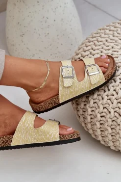 Materiałowe Klapki Na Korkowej Podeszwie Z Klamrami Żółte Atera Damskie Klapki Korkowe|Klapki Na Platformie