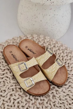 Materiałowe Klapki Na Korkowej Podeszwie Z Klamrami Żółte Atera Damskie Klapki Korkowe|Klapki Na Platformie