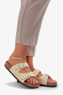 Materiałowe Klapki Na Korkowej Podeszwie Z Klamrami Żółte Atera Damskie Klapki Korkowe|Klapki Na Platformie