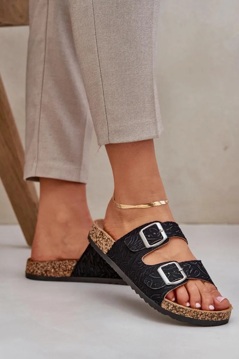 Klapki Korkowe|Klapki Na Platformie>Boto Materiałowe Klapki Na Korkowej Podeszwie Z Klamrami Czarne Atera Czarny