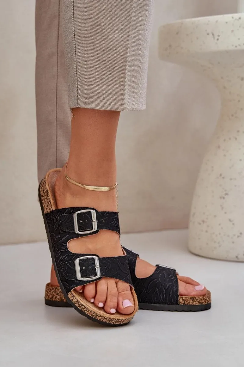 Klapki Korkowe|Klapki Na Platformie>Boto Materiałowe Klapki Na Korkowej Podeszwie Z Klamrami Czarne Atera Czarny