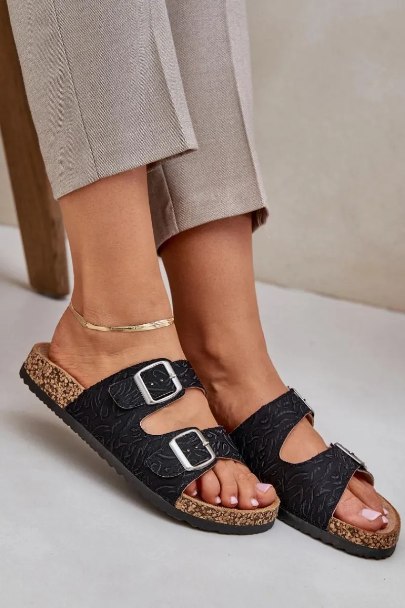 Klapki Korkowe|Klapki Na Platformie>Boto Materiałowe Klapki Na Korkowej Podeszwie Z Klamrami Czarne Atera Czarny