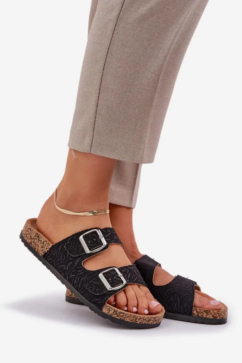 Klapki Korkowe|Klapki Na Platformie>Boto Materiałowe Klapki Na Korkowej Podeszwie Z Klamrami Czarne Atera Czarny