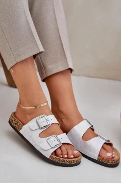 Online Boto Materiałowe Klapki Na Korkowej Podeszwie Z Klamrami Jasnoszare Atera