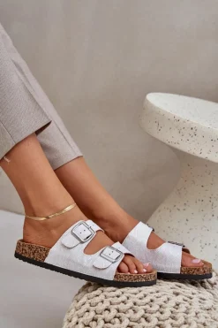 Online Boto Materiałowe Klapki Na Korkowej Podeszwie Z Klamrami Jasnoszare Atera