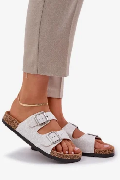 Online Boto Materiałowe Klapki Na Korkowej Podeszwie Z Klamrami Jasnoszare Atera