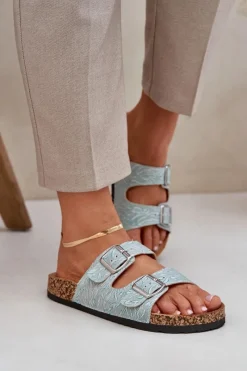 New Boto Materiałowe Klapki Na Korkowej Podeszwie Z Klamrami Miętowe Atera Zielony