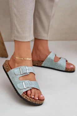 New Boto Materiałowe Klapki Na Korkowej Podeszwie Z Klamrami Miętowe Atera Zielony