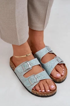 New Boto Materiałowe Klapki Na Korkowej Podeszwie Z Klamrami Miętowe Atera Zielony