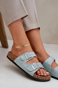 New Boto Materiałowe Klapki Na Korkowej Podeszwie Z Klamrami Miętowe Atera Zielony