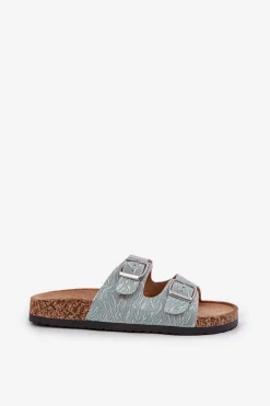 New Boto Materiałowe Klapki Na Korkowej Podeszwie Z Klamrami Miętowe Atera Zielony