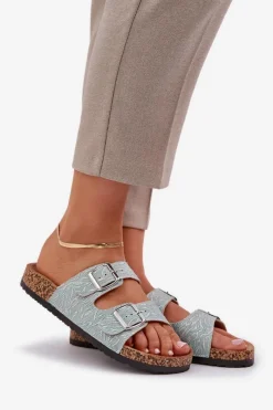 New Boto Materiałowe Klapki Na Korkowej Podeszwie Z Klamrami Miętowe Atera Zielony