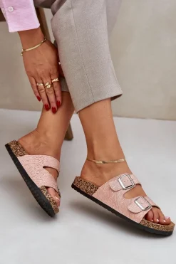 Outlet Boto Materiałowe Klapki Na Korkowej Podeszwie Z Klamrami Różowe Atera Różowy