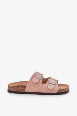 Outlet Boto Materiałowe Klapki Na Korkowej Podeszwie Z Klamrami Różowe Atera Różowy