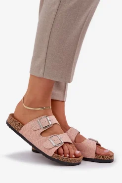 Outlet Boto Materiałowe Klapki Na Korkowej Podeszwie Z Klamrami Różowe Atera Różowy