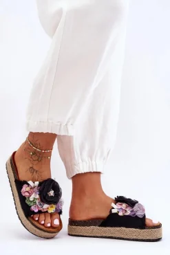 Discount Boto Materiałowe Klapki Z Kwiatami Czarne Nessa